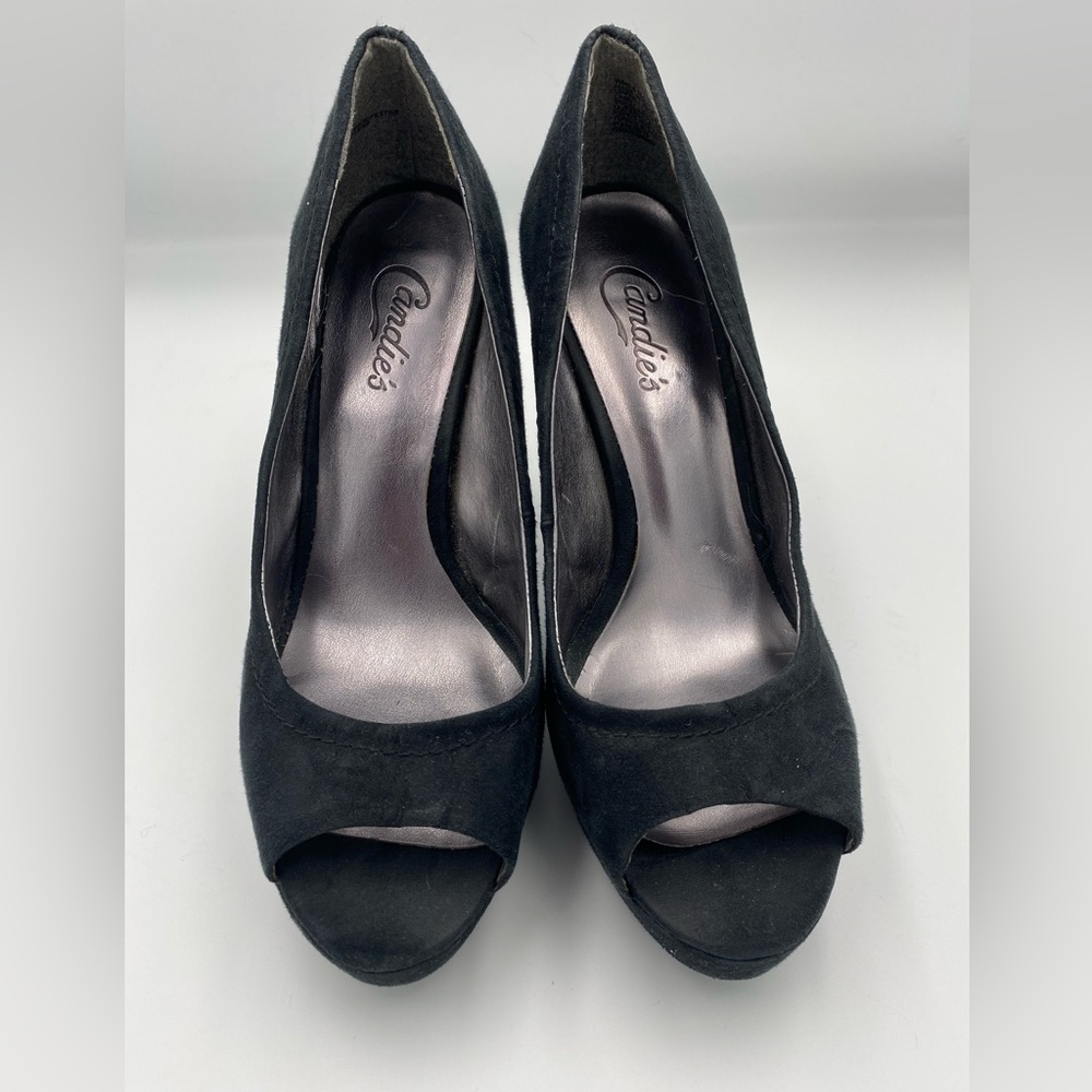 Candies Faux Suede Peep Toe Platform Heels Black Size 8